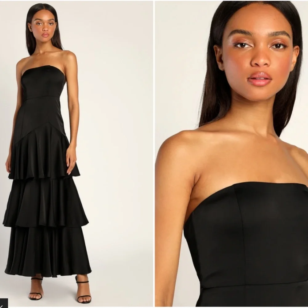 LULUS Prom Wedding Bridesmaid Tiered Ruffles Bohemian Satin Black Maxi Dress